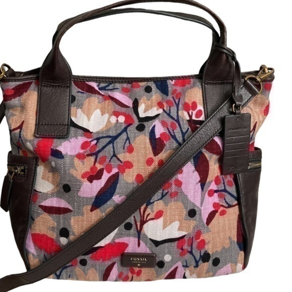Fossil floral and brown leather two way tote bag